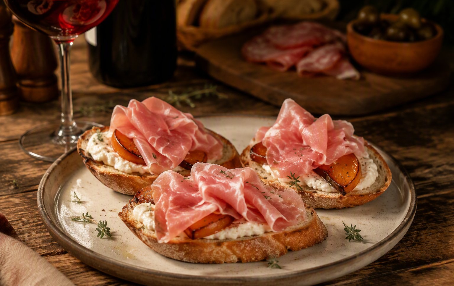 Bruschetta con mascarpone al rosmarino, croccante di noci e prosciutto toscano DOP