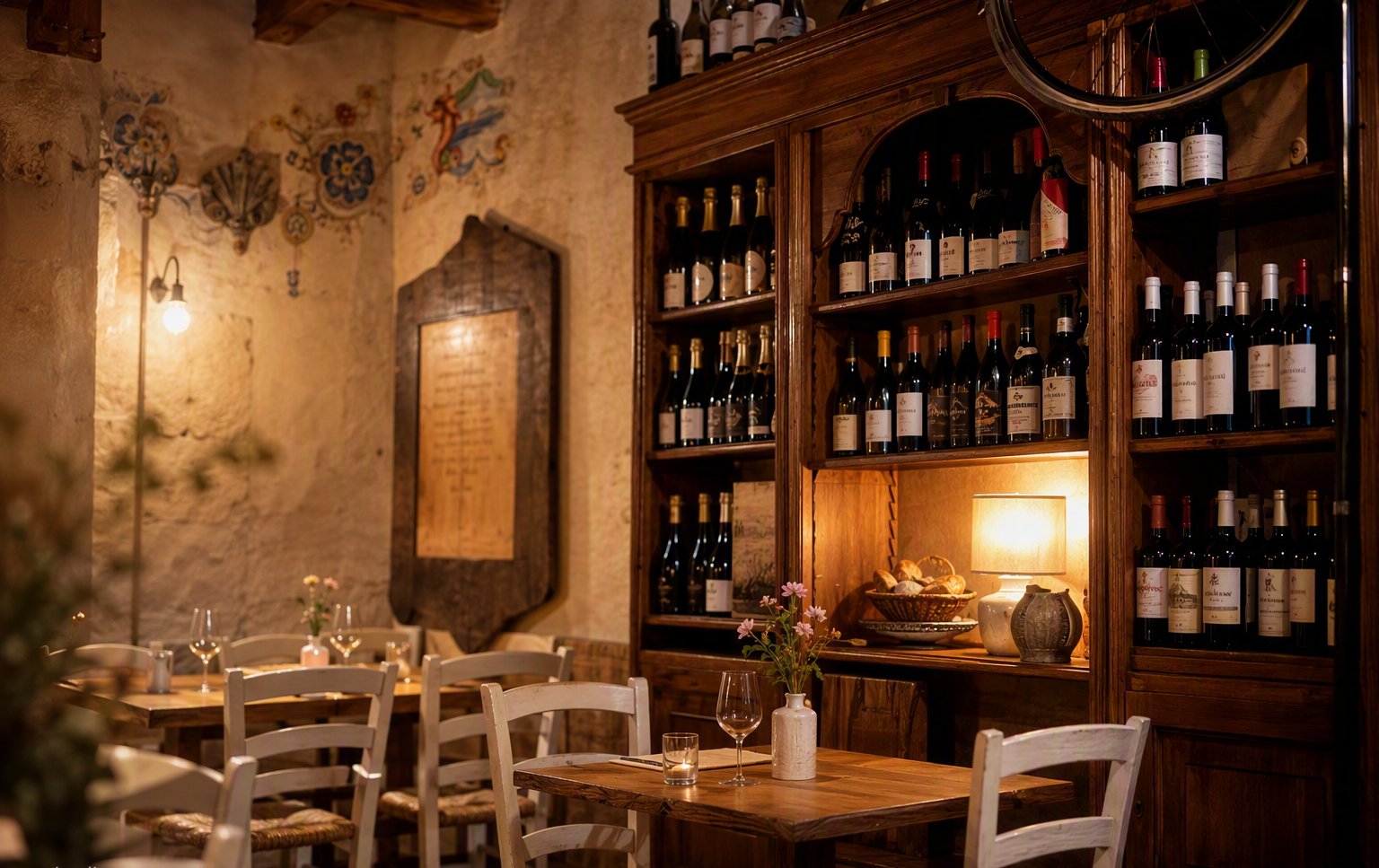 L’interno accogliente dell’enoteca, con scaffali di vino